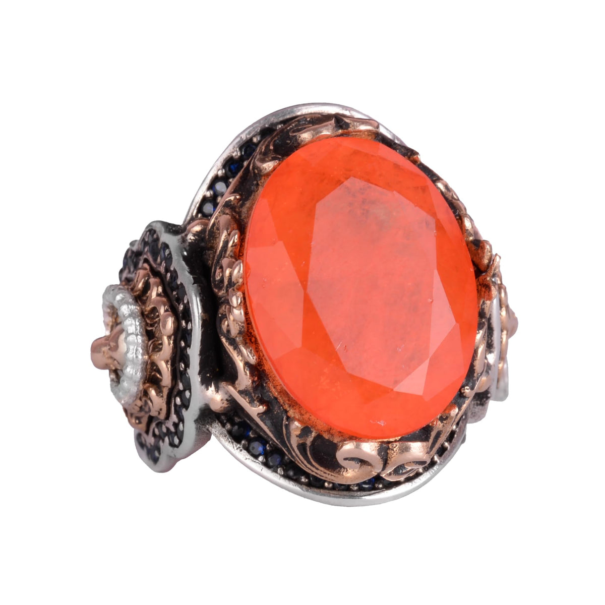 925 Sterling Silver Ring, Orange Synthetic Paraiba Stone Ring, Handmade Lion Head Men's Ring