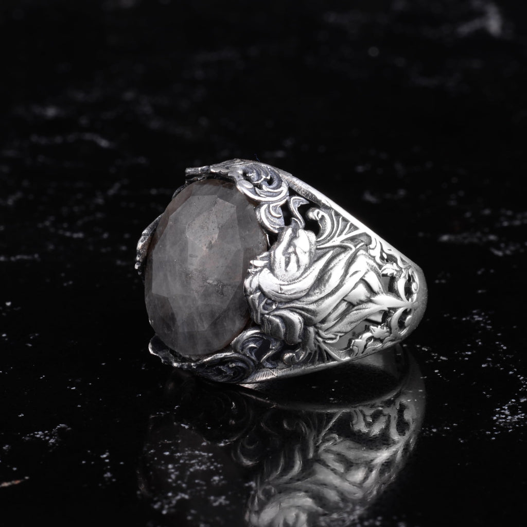 KAMBO Natural Stone Men's Ring 925 Sterling Silver - Large Flower Engraved Statement Ring - Handmade Vintage Ring for Men (Sapphire) — 4