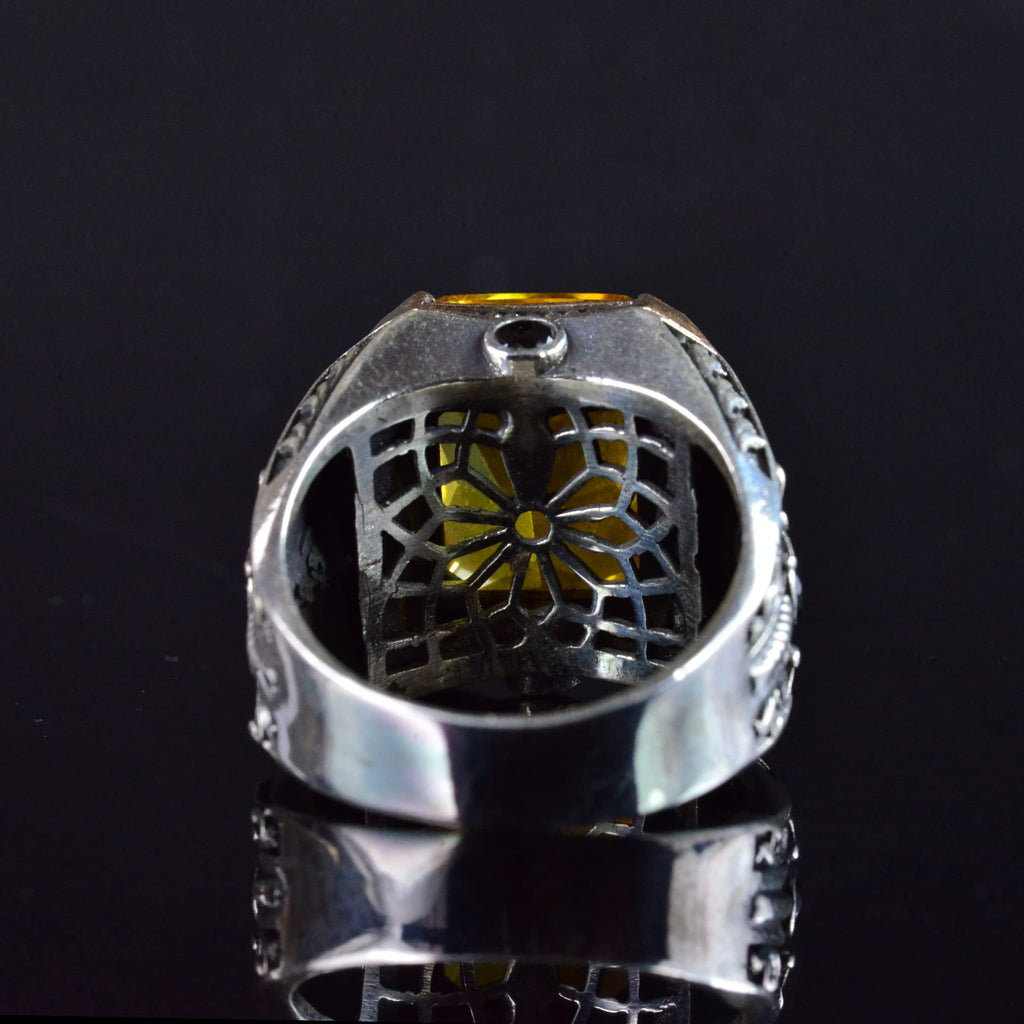 925 Sterling Silver Men's Ring with Natural Citrine Stone, Men's Ring with Citrine Stone, Handcrafted Carved Men's Silver Ring, Turkish Silver — 9