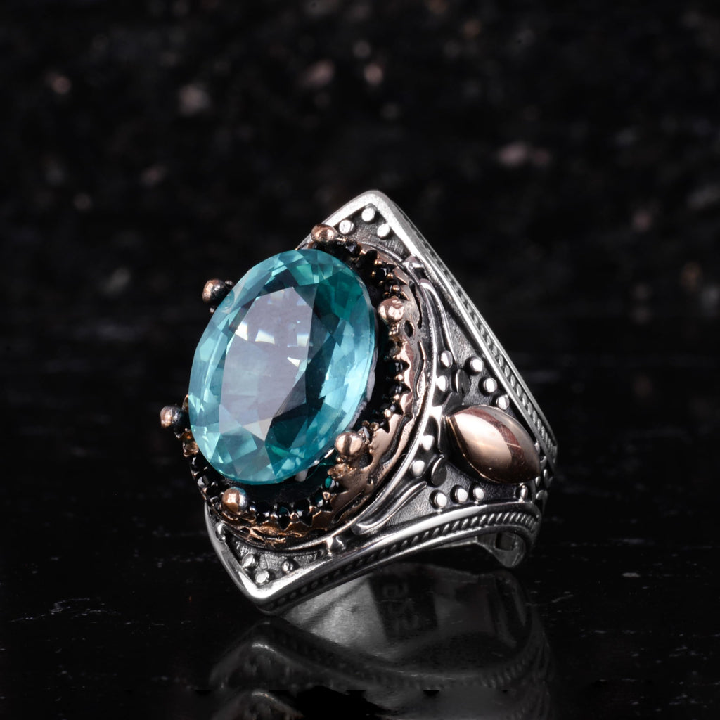 KAMBO Certified Natural Tourmaline Stone Men's Ring – Bronze Detailed 925 Sterling Silver – Oval Cut Statement Ring — 5
