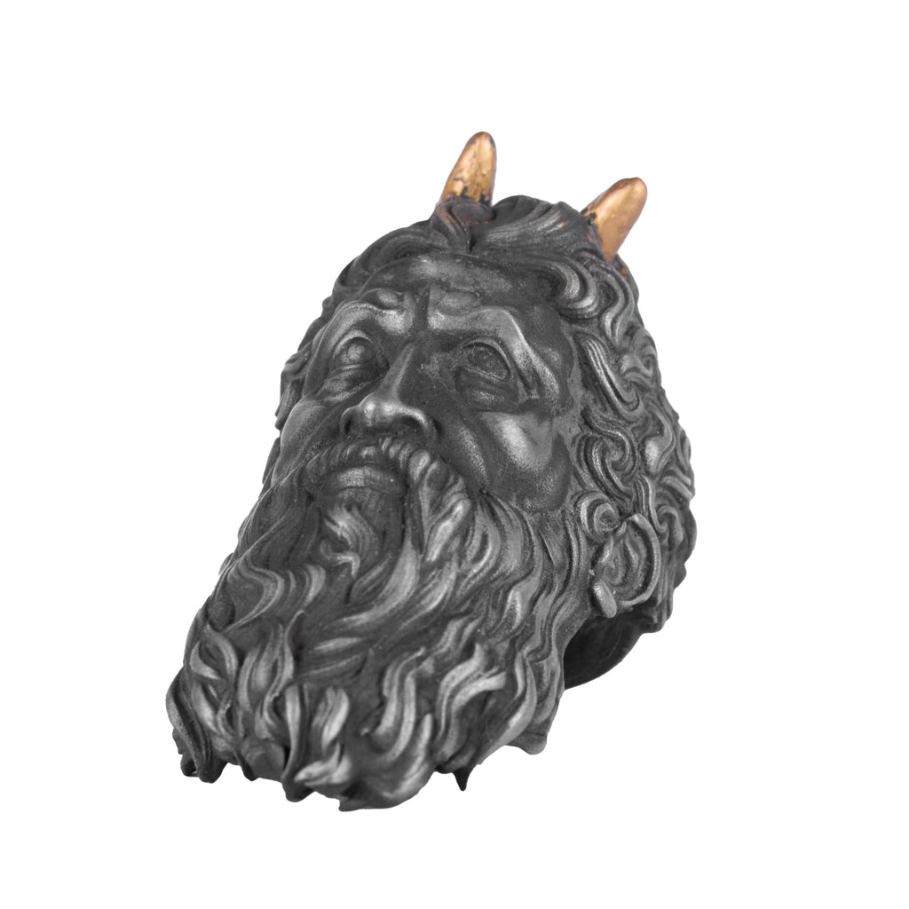 KAMBO Horned Elder Men's Ring – Gold Plated Horned 925 Sterling Silver – Mythological Bearded God Gothic Statement Ring – Handmade Artisan Jewelry
