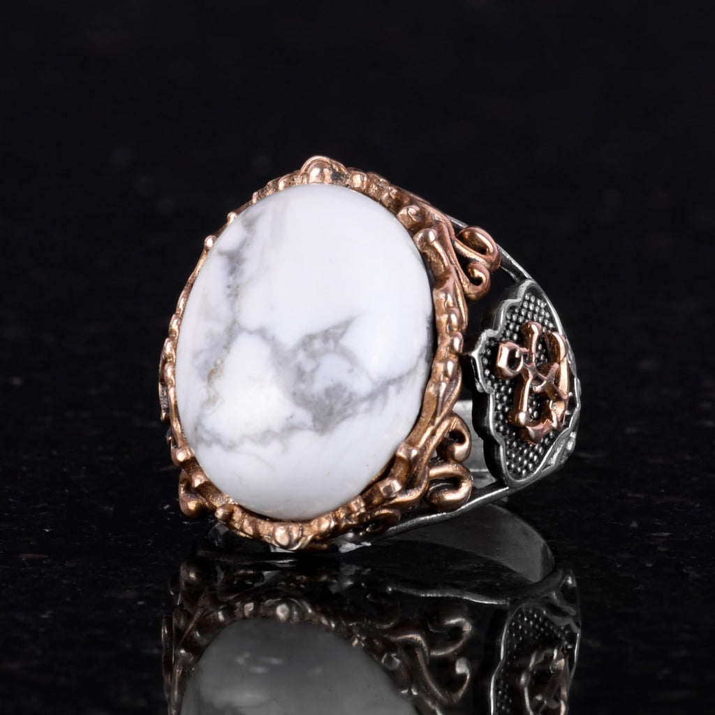 Nautical Anchor Silver Ring, Natural Stone Ring, 925 Sterling Silver Ring (Howlite) — 5