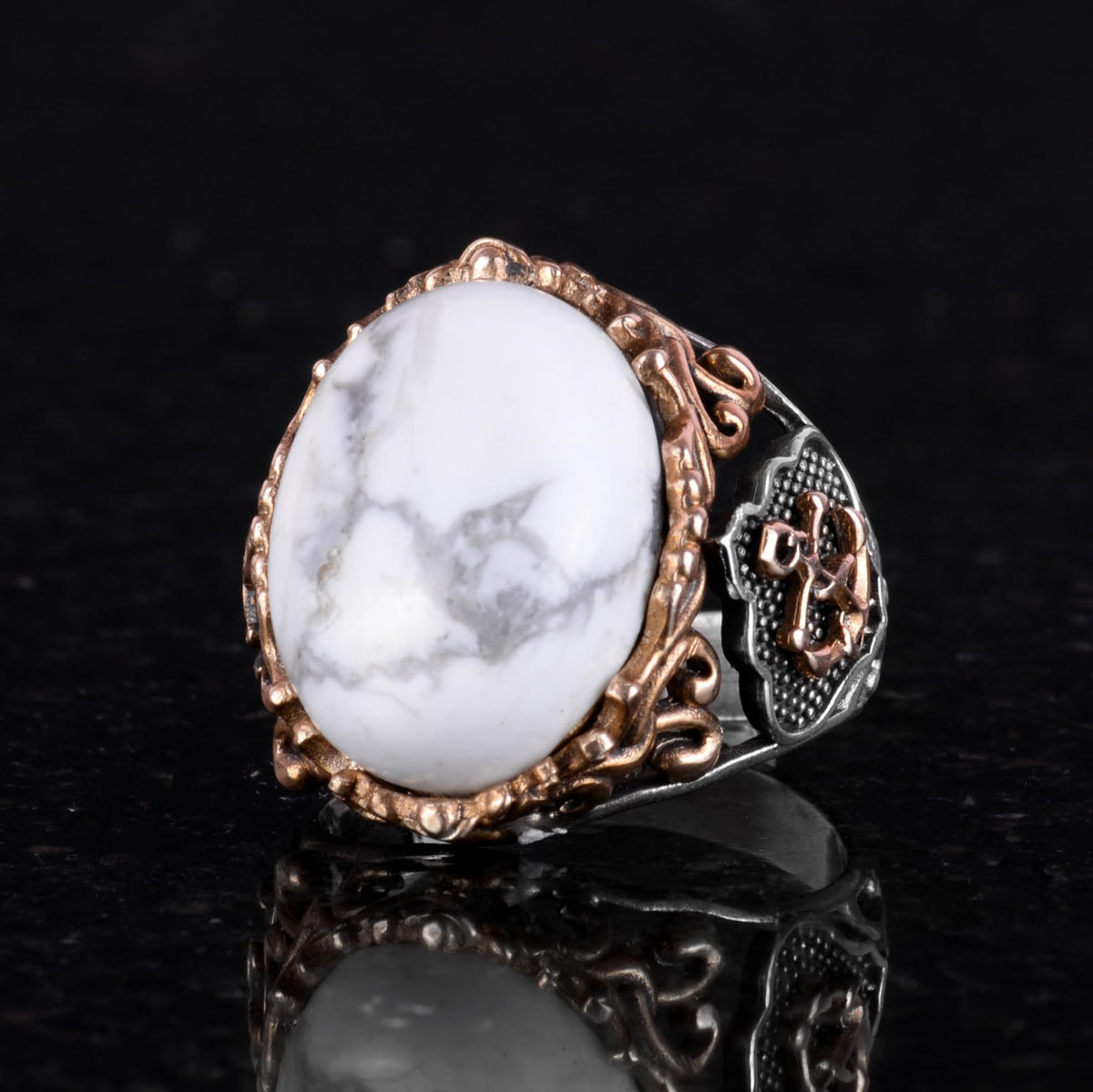 Nautical Anchor Silver Ring, Natural Stone Ring, 925 Sterling Silver Ring (Howlite) — 5