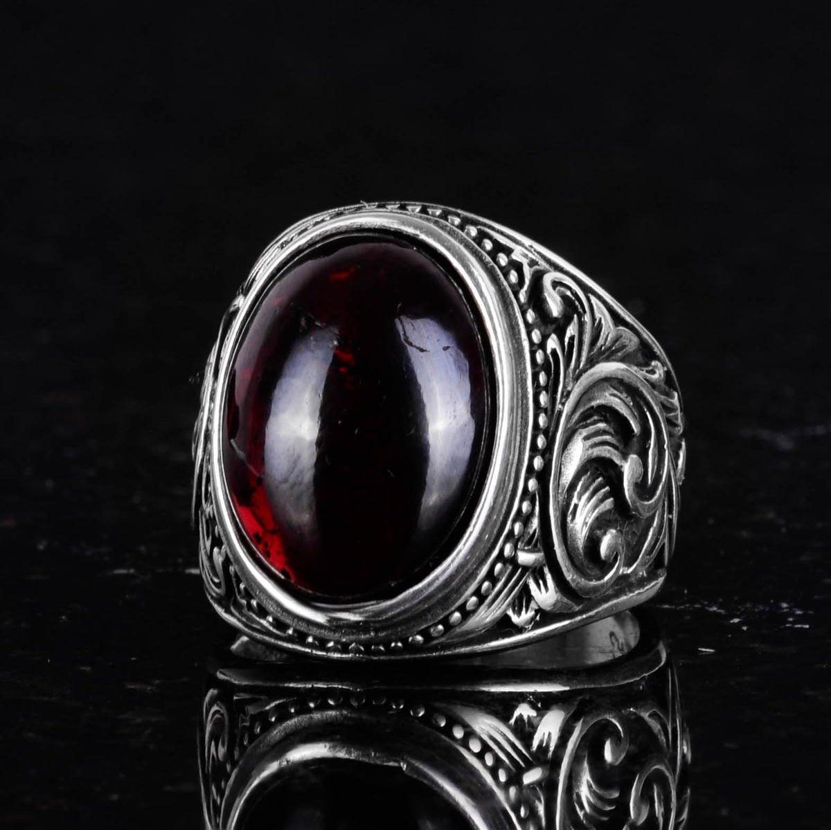 925 Sterling Silver Men's Ring, Natural Cabochon Garnet Stone Ring — 4