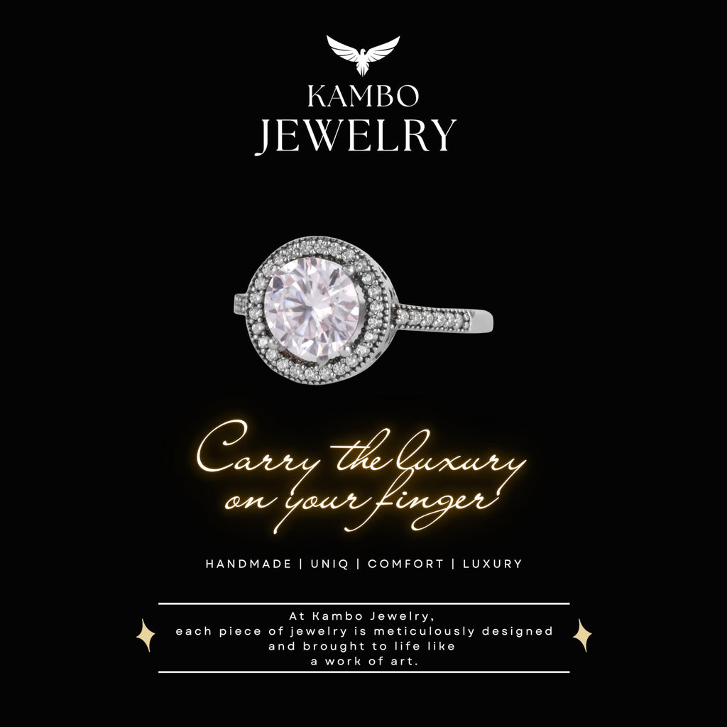 KAMBO Certified Natural Diamond Moissanite Stone Women's Ring 925 Sterling Silver – Stone Detailed Round Halo Ring — 9