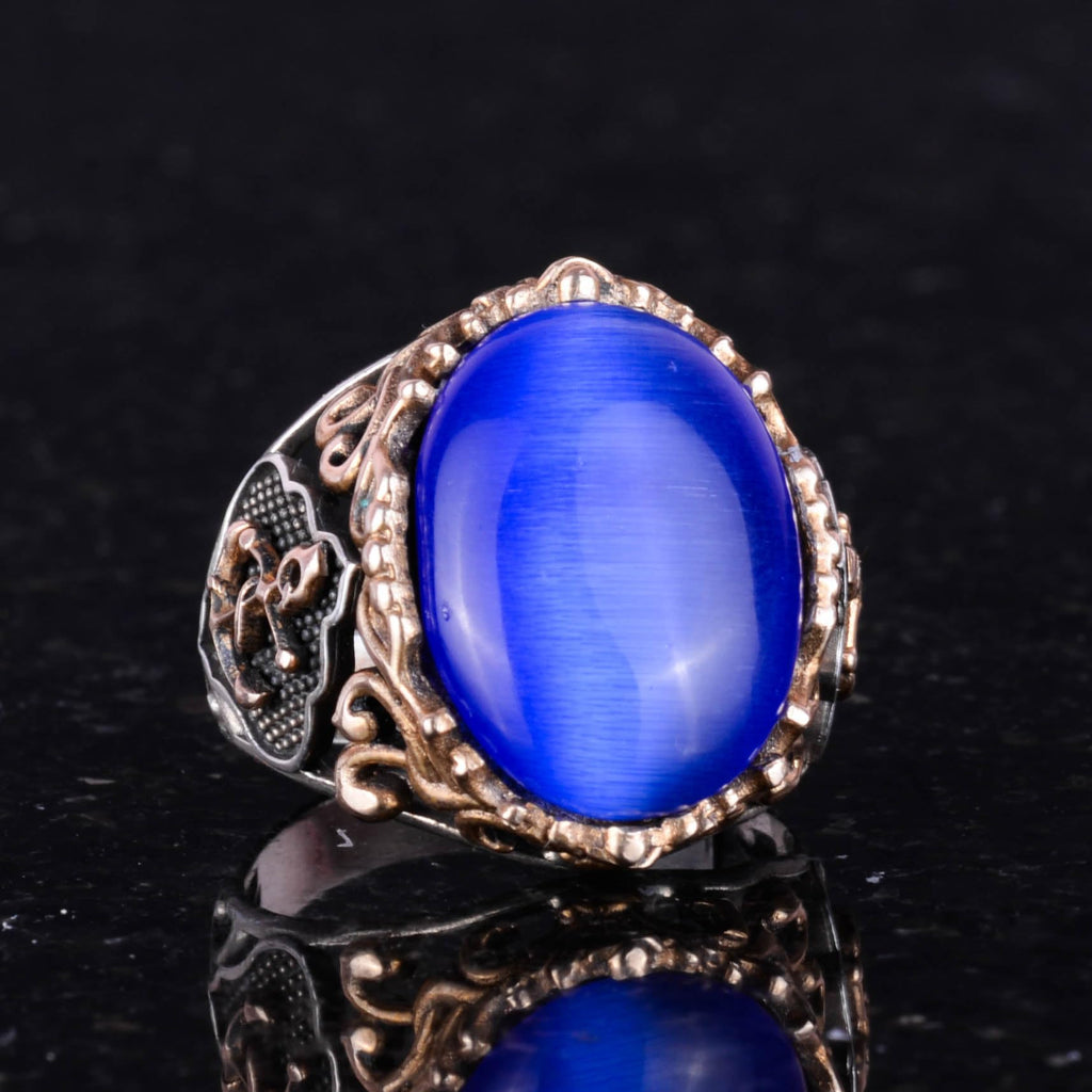 Kambo Synthetic Blue Cat's Eye Stone Sailor Anchor Ring - 925 Sterling Silver Ring — 4