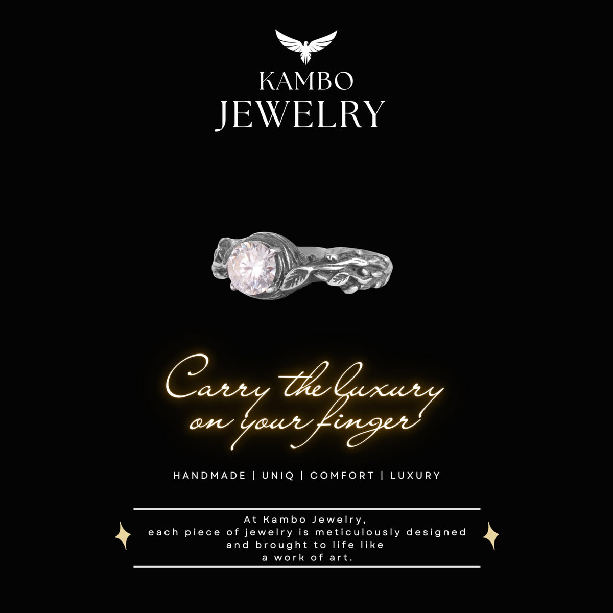 KAMBO Natural Moissanite Stone Women's Ring 925 Sterling Silver Leaf Design Solitaire Ring Elegant Handmade Jewelry — 8