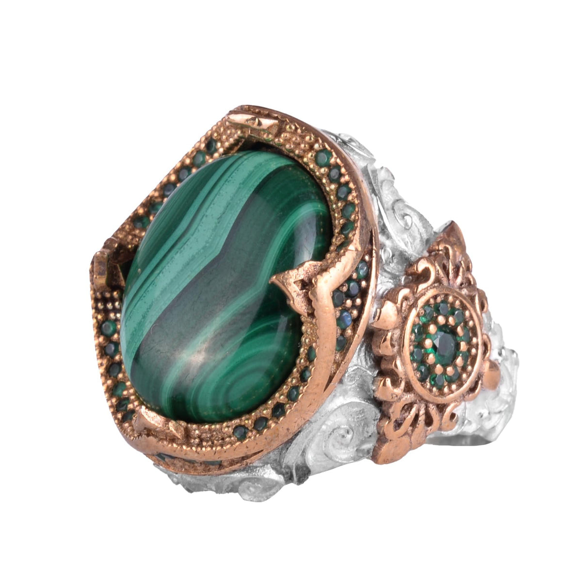 KAMBO Natural Stone Men's Ring – 925 Sterling Silver Bronze Detail Statement Ring – Large Oval Green Handmade Ring (Malachite)