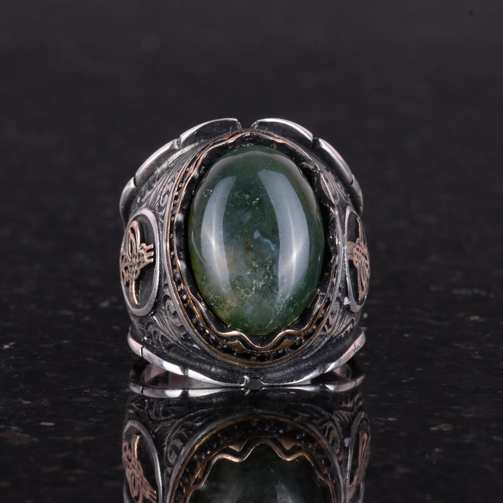 925 Sterling Silver Men's Ring, Mossy Agate Stone Ring, Ottoman Tughra Stone Ring — 4