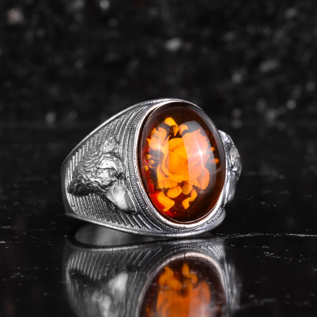 KAMBO Natural Stone Men's Ring – 925 Sterling Silver Ring – Wolf Head Expression – Vintage Men's Jewelry (Amber) — 6