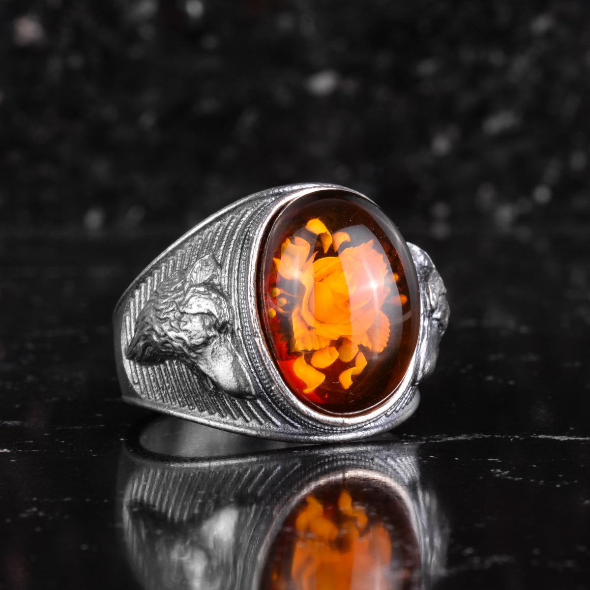 KAMBO Natural Stone Men's Ring – 925 Sterling Silver Ring – Wolf Head Expression – Vintage Men's Jewelry (Amber) — 6