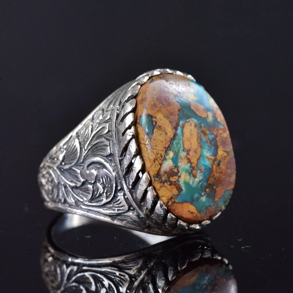 Kambo Genuine Natural Turquoise Stone Ring - 925 Sterling Silver Handmade Men's Jewelry — 4
