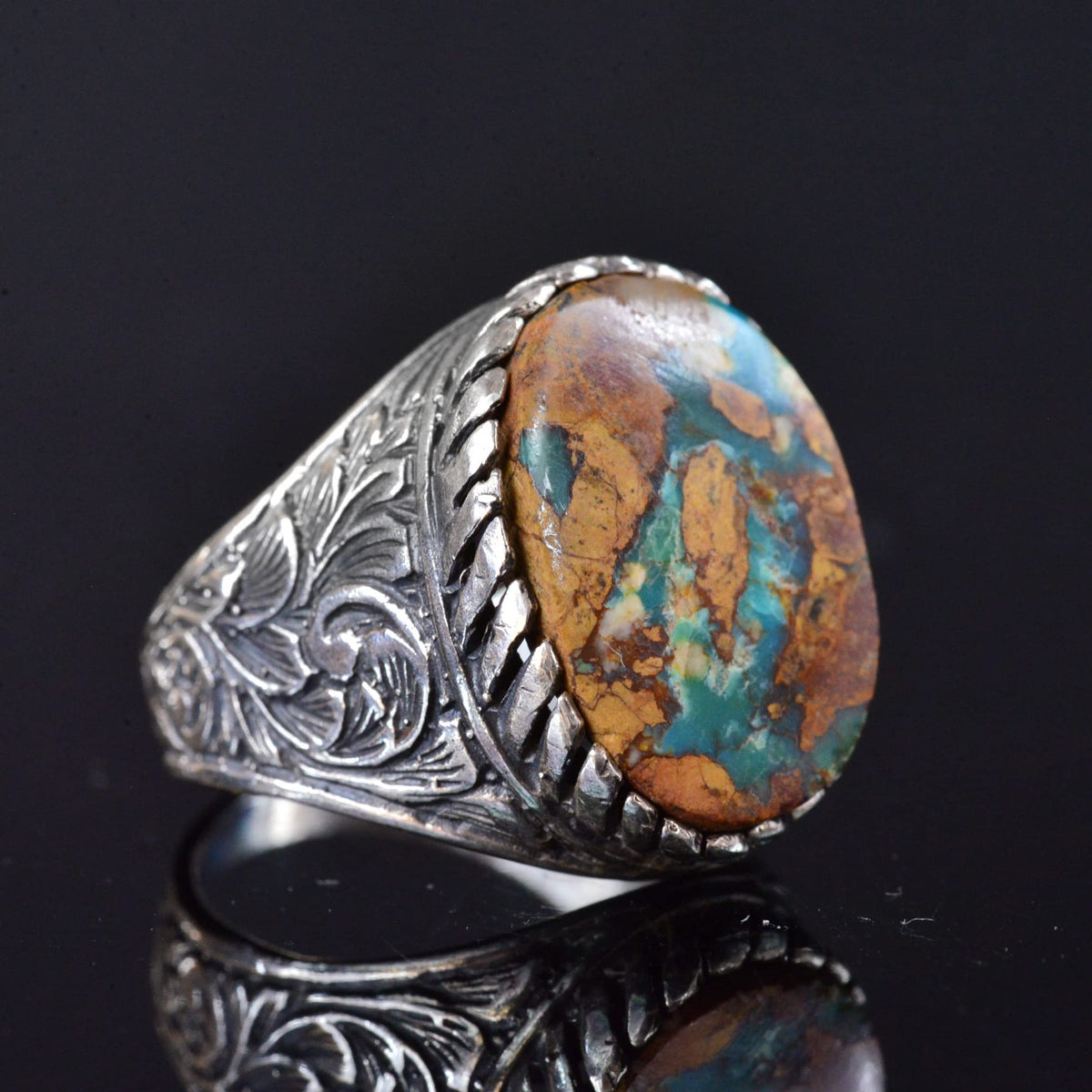 Kambo Genuine Natural Turquoise Stone Ring - 925 Sterling Silver Handmade Men's Jewelry — 4