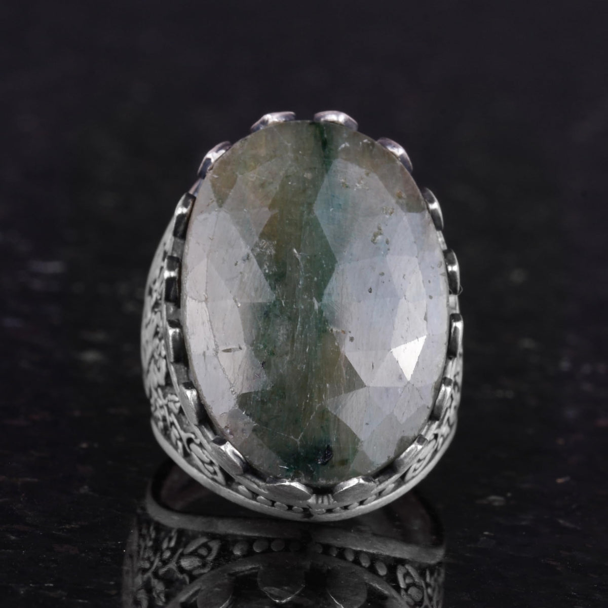 Natural Emerald Stone Ring - Handmade 925 Sterling Silver Rose Pattern Ring — 4
