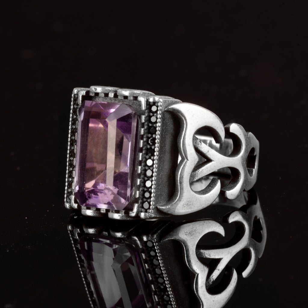 Natural Amethyst Stone Ring, 925 Sterling Silver Men's Ring — 5