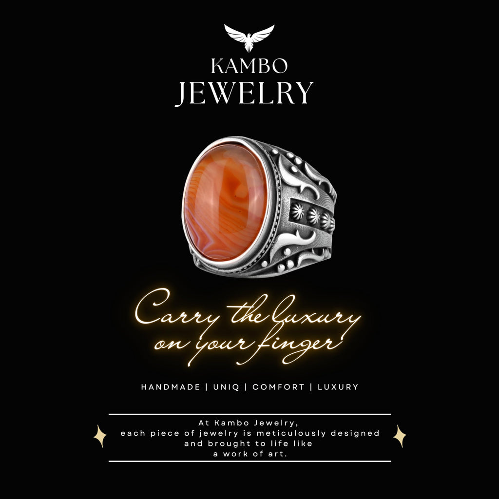 KAMBO Men's Natural Agate Ring – 925 Sterling Silver Flower Pattern Ring – Men's Handmade Vintage Style Statement Ring (Agate-8) — 8