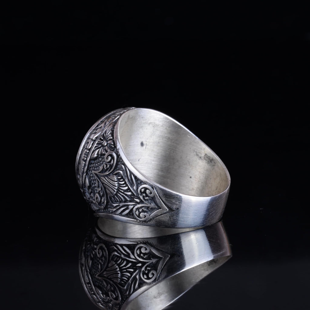 KAMBO Natural Amber Stone Ring – 925 Sterling Silver Handmade Men's Round Flower Engraved Statement Ring – Botanical Pattern Artisan Design — 7
