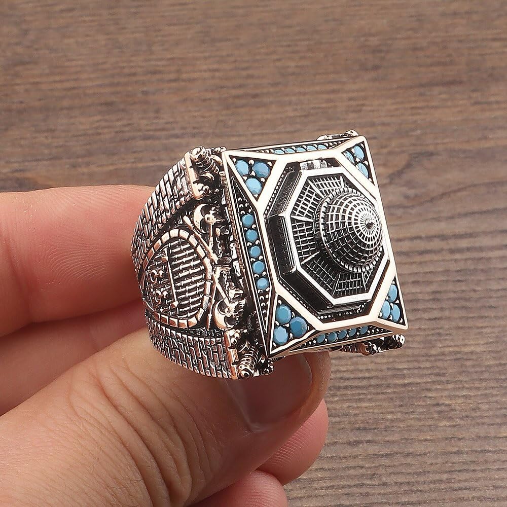 KAMBO 925 Sterling Silver Dome of the Rock Men's Ring – Turquoise Enamel Handmade Islamic Jewelry – Dome of the Rock Design – Vintage Statement Ring — 3