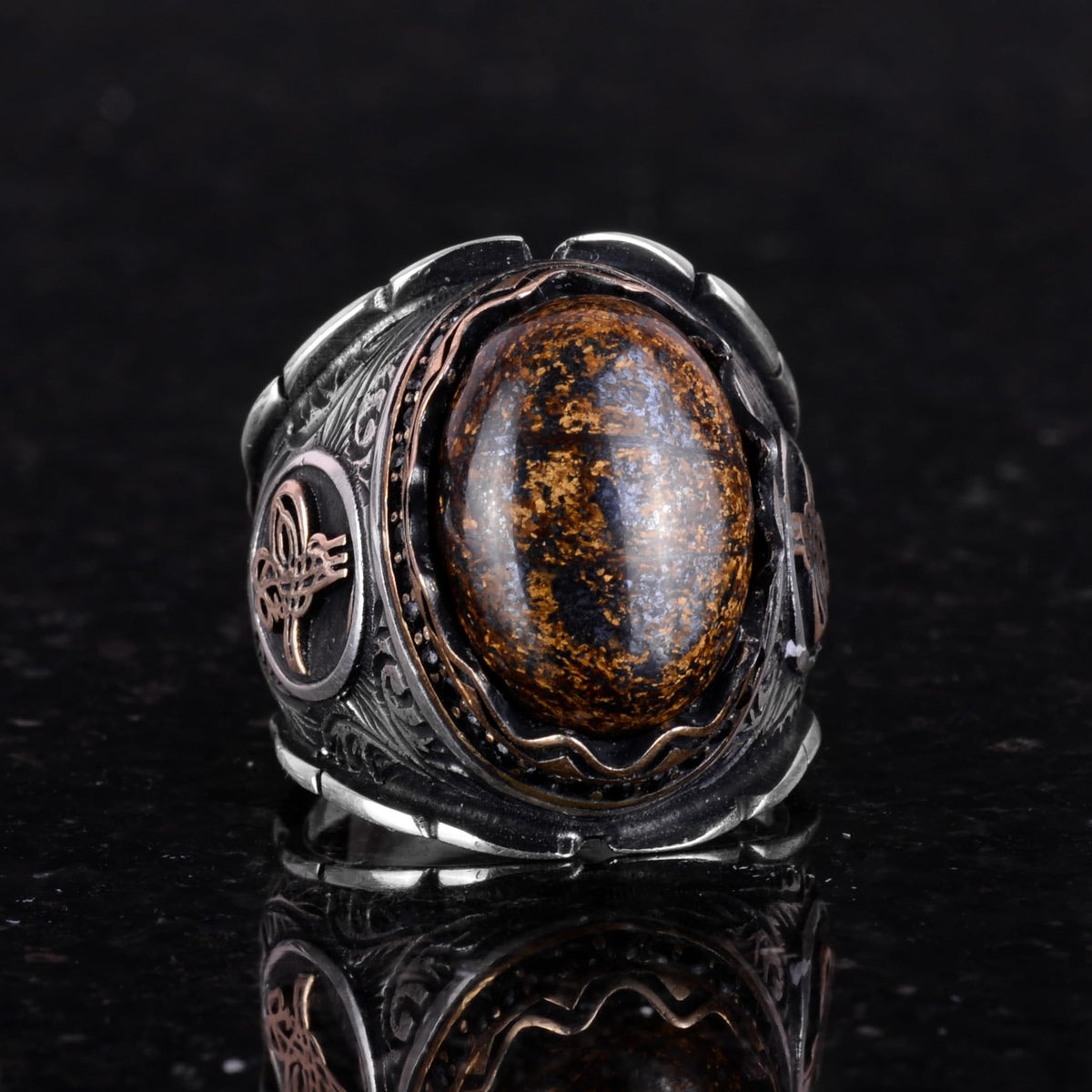 Natural Bronzie Stone Ring, 925 Sterling Silver Men's Ring, Ottoman Tughra Ring — 4
