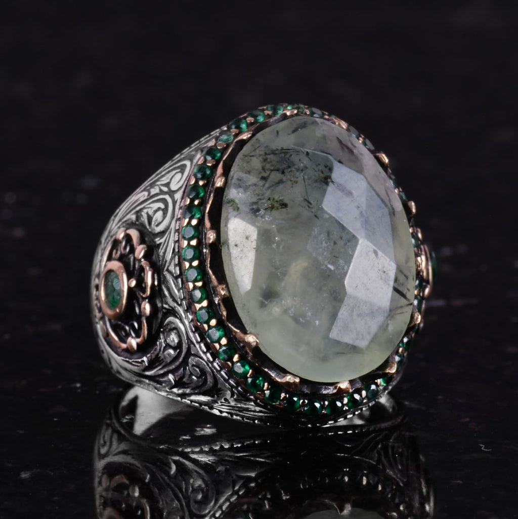 Natural Stone Ring - 925 Sterling Silver Handmade Ring (Prehnite) — 5