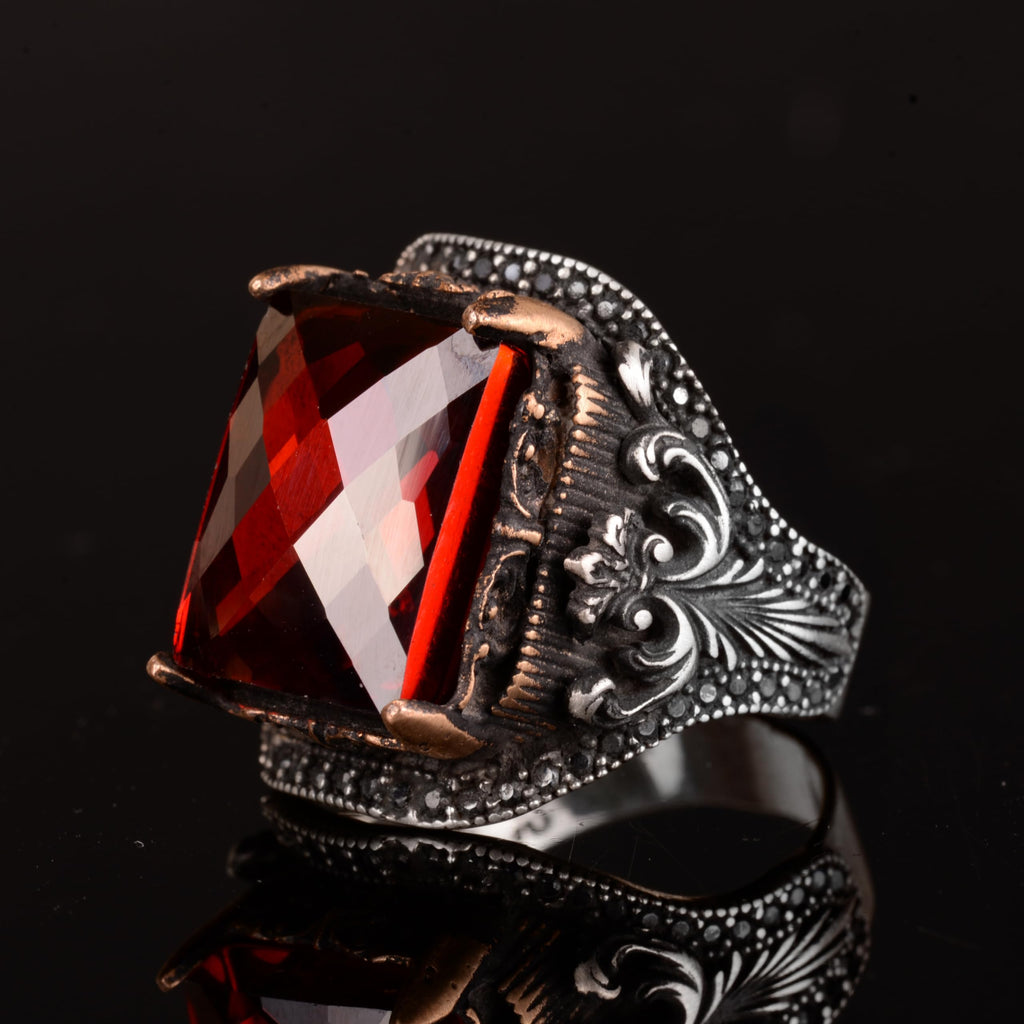 KAMBO 925 Sterling Silver Men's Ring, Natural Garnet Ring — 5
