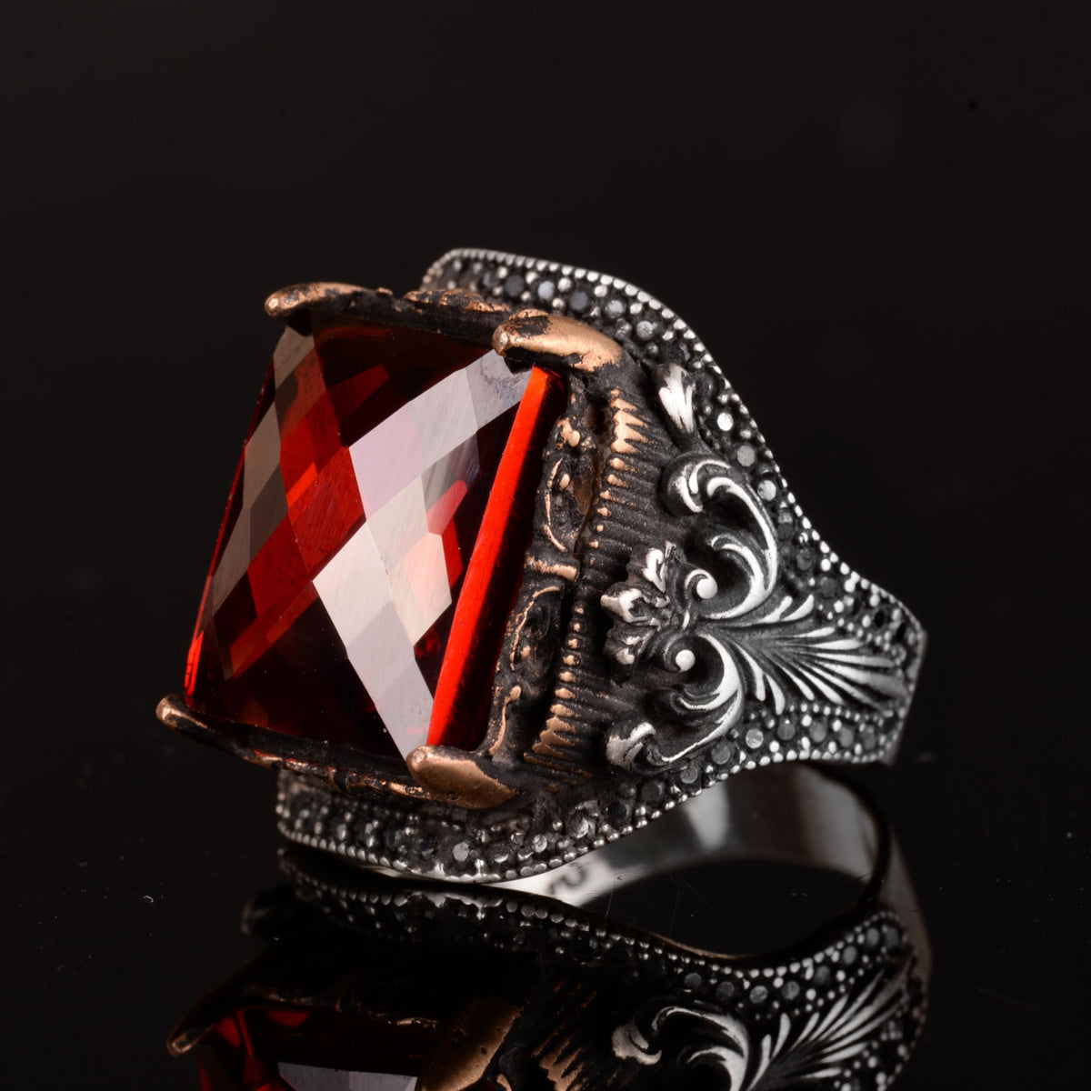 KAMBO 925 Sterling Silver Men's Ring, Natural Garnet Ring — 5