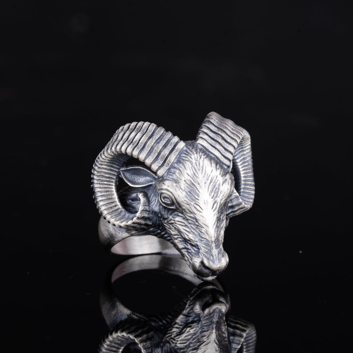 KAMBO 925 Sterling Silver Ram Head Men's Ring – Handmade Ram Symbol Jewelry – Bold Animal Design Silver Men's Statement Ring (Silver) — 6