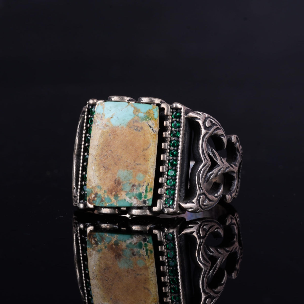 KAMBO Natural Arizona Turquoise 925 Sterling Silver Men's Ring – Rectangular Stone Ottoman Style Engraved Design (Style-1) — 6