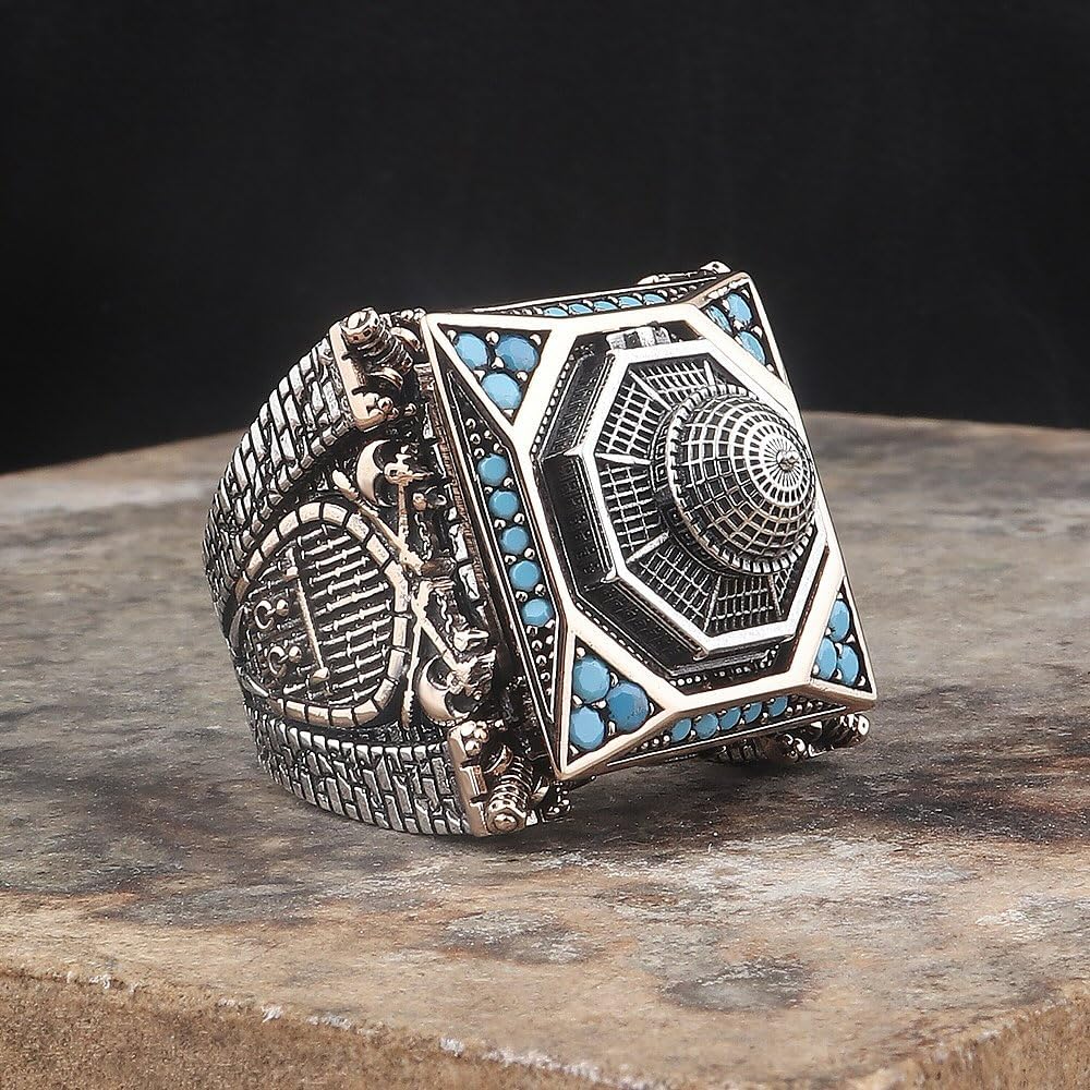 KAMBO 925 Sterling Silver Dome of the Rock Men's Ring – Turquoise Enamel Handmade Islamic Jewelry – Dome of the Rock Design – Vintage Statement Ring — 4