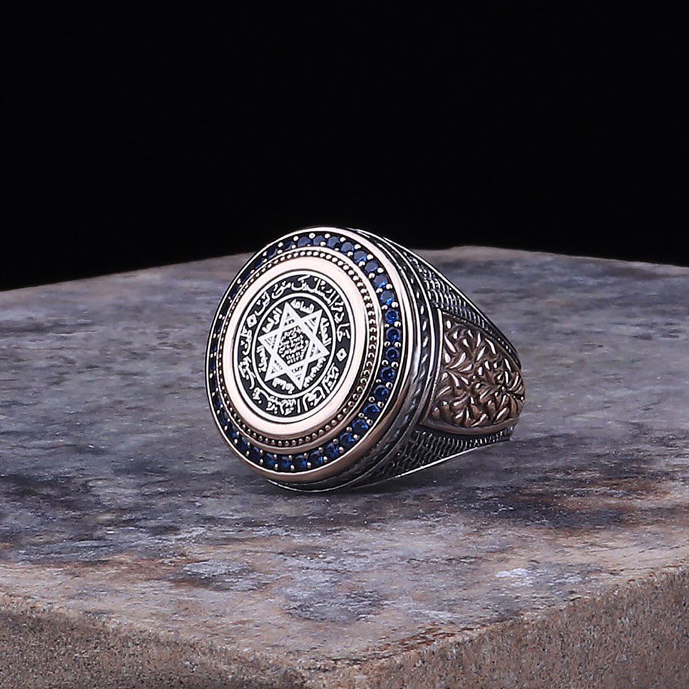 Suleiman Seal & Fish Symbol Silver Men's Ring – Black Zircon Stone Islamic Protection Jewelry — 4