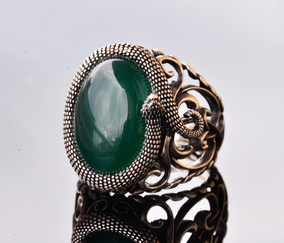 Handcrafted Snake Design Ring, Natural Jade Stone Silver Men's Ring - Symbol of Wisdom and Protection — 4