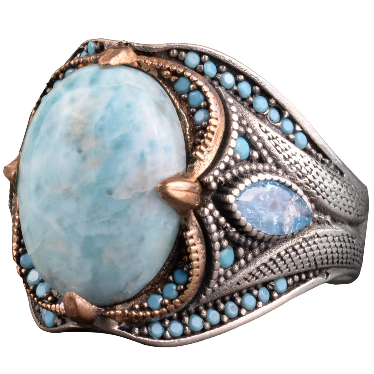 KAMBO Handmade Genuine Larimar Ring for Men, 925 Sterling Silver Art Deco Statement Ring, Vintage Blue Gemstone Jewelry,