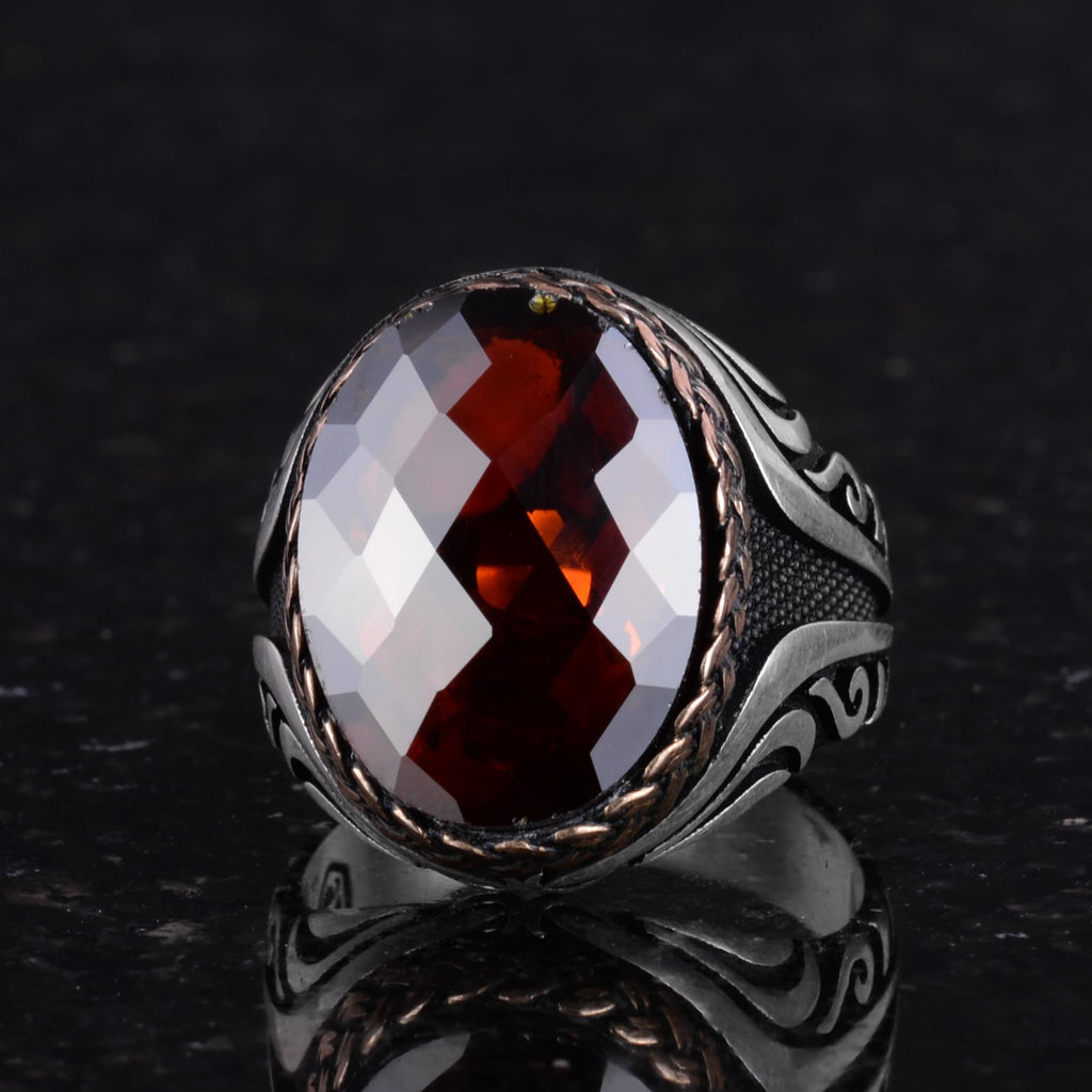Kambo 925 Sterling Silver Men's Ring - Unique Handcrafted Ring with Synthetic Garnet Stone — 6