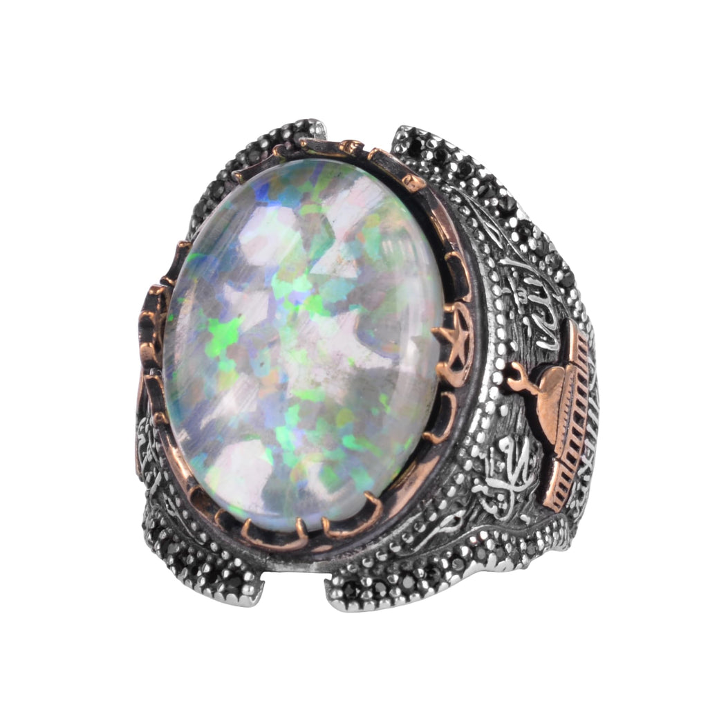 Certified Natural Opal Stone Large Men's Ring 925 Sterling Silver – Mosque Motif Black Detailed Bronze Detailed Handmade Statement Ring