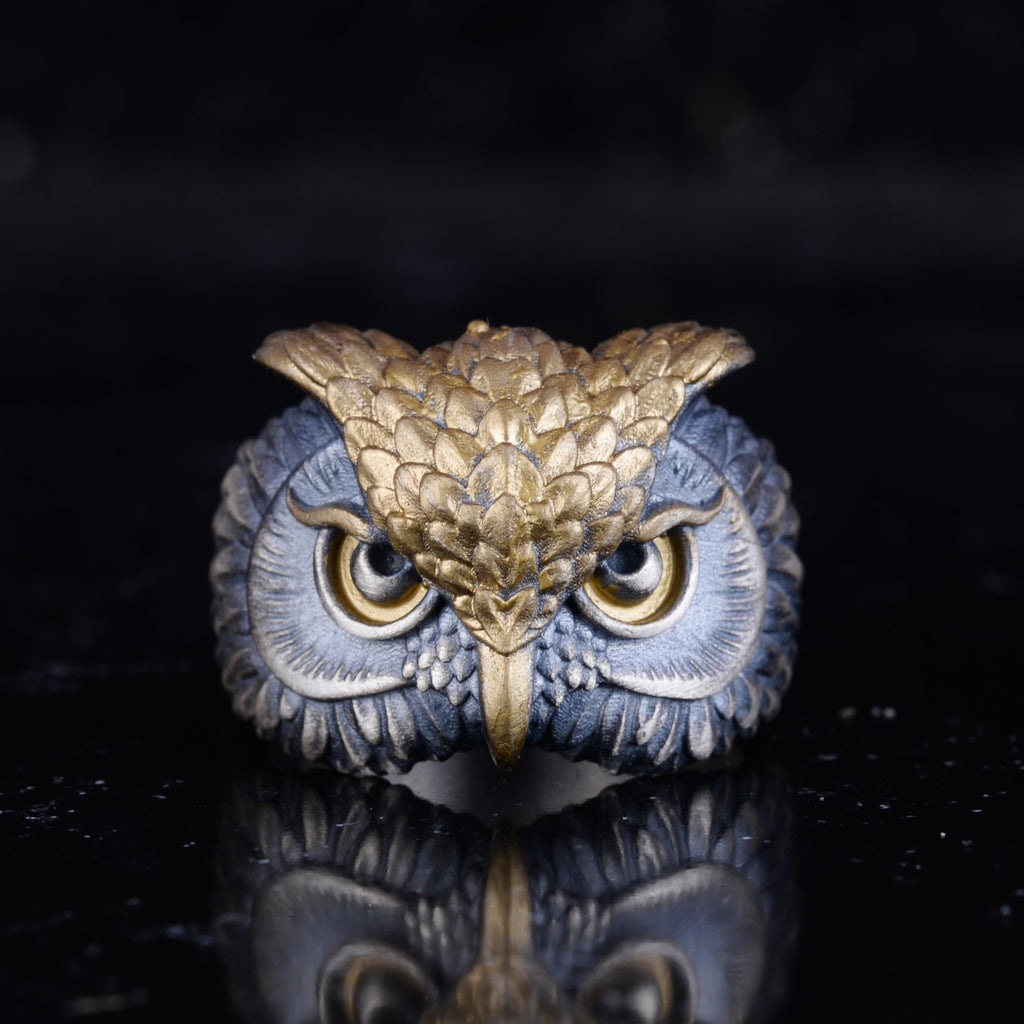 KAMBO 925 Sterling Silver Owl Head Ring – Symbol of Wisdom and Protection – Handmade Gothic Unisex Animal Jewelry (Gold Plated) — 4