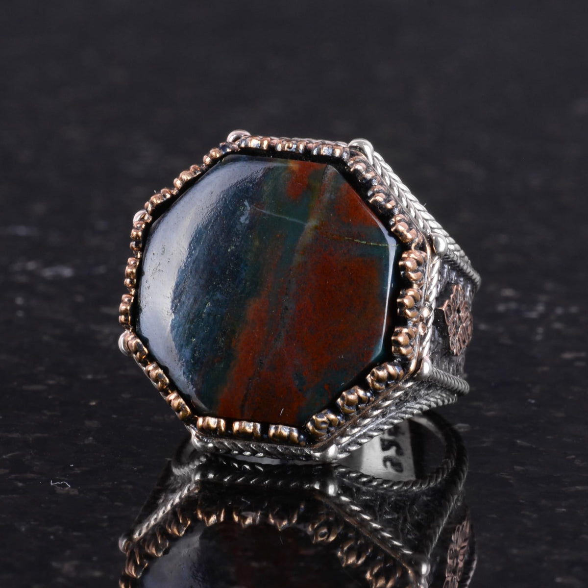 Natural Green Bloodstone Ring - Octagonal Design - Handmade 925 Sterling Silver Jewelry — 6
