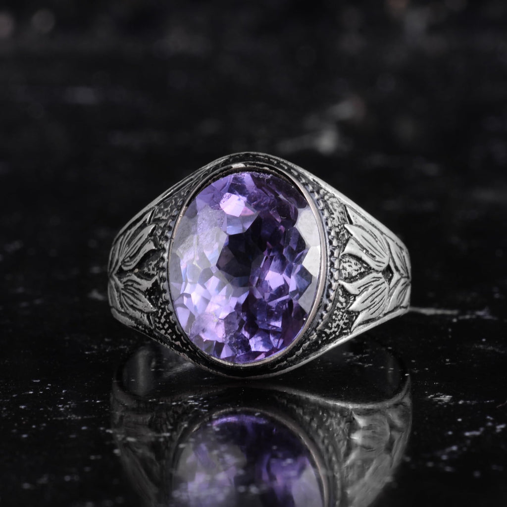 KAMBO Certified Natural Alexandrite Stone Men's Ring 925 Sterling Silver - Flower Embroidered Vintage Designed Oval Alexandrite Ring — 2
