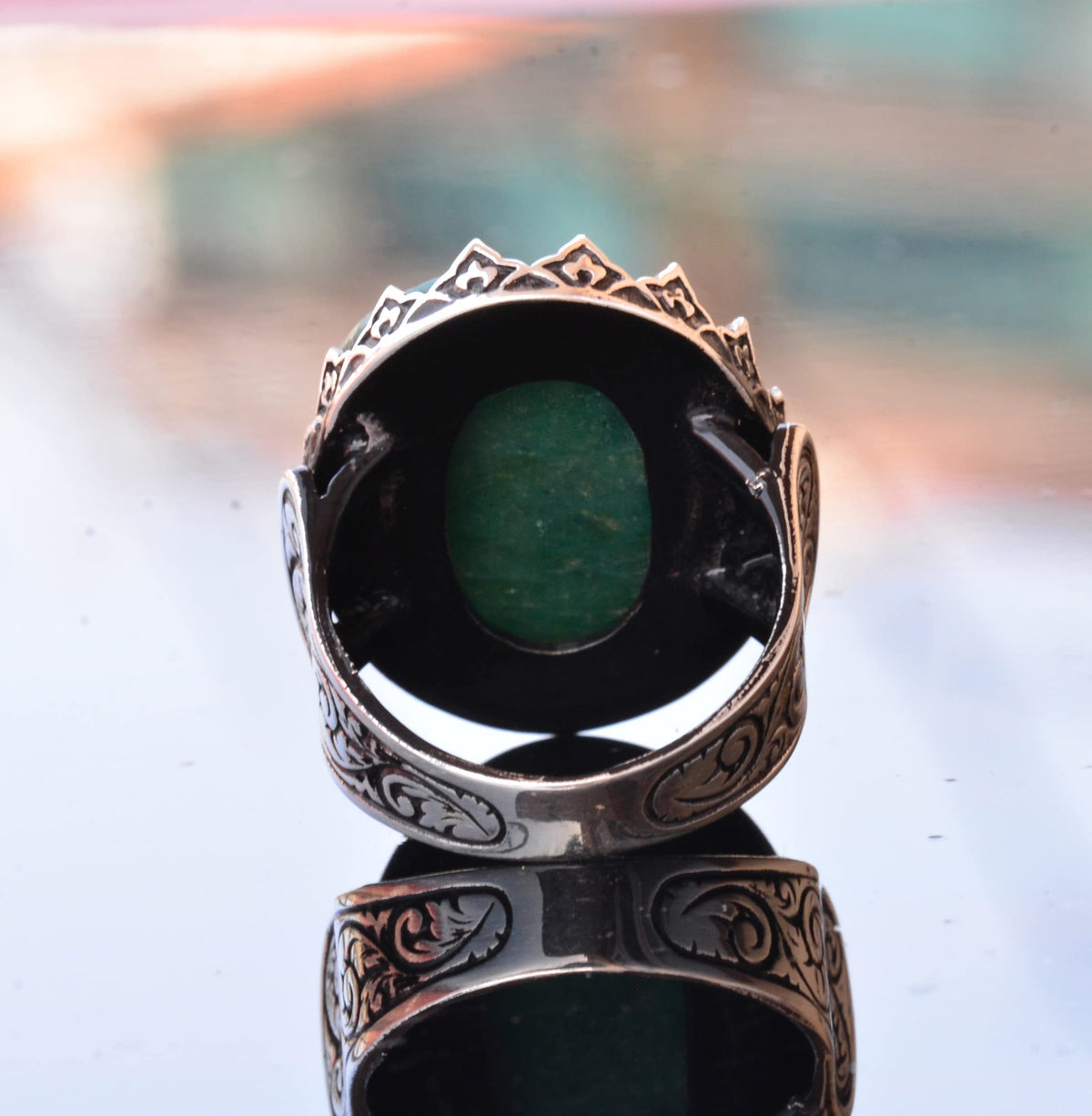 Handmade 925 Sterling Silver Men's Ring, Real Emerald Stone — 4