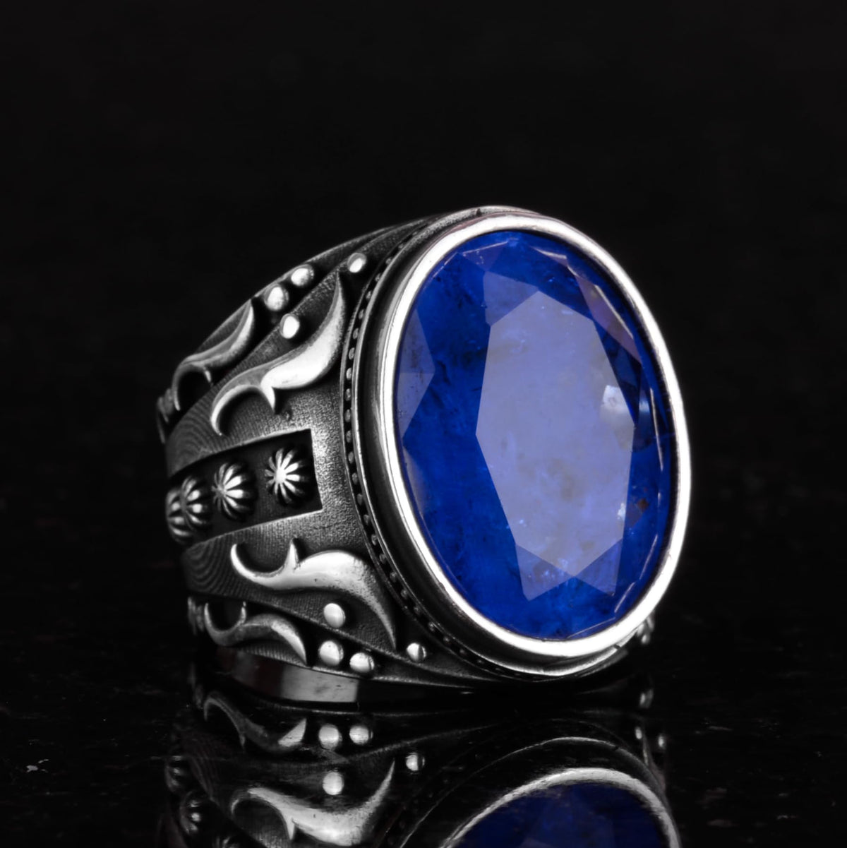 925 Sterling Silver Men's Ring (Navy Blue Paraiba Stone) — 3