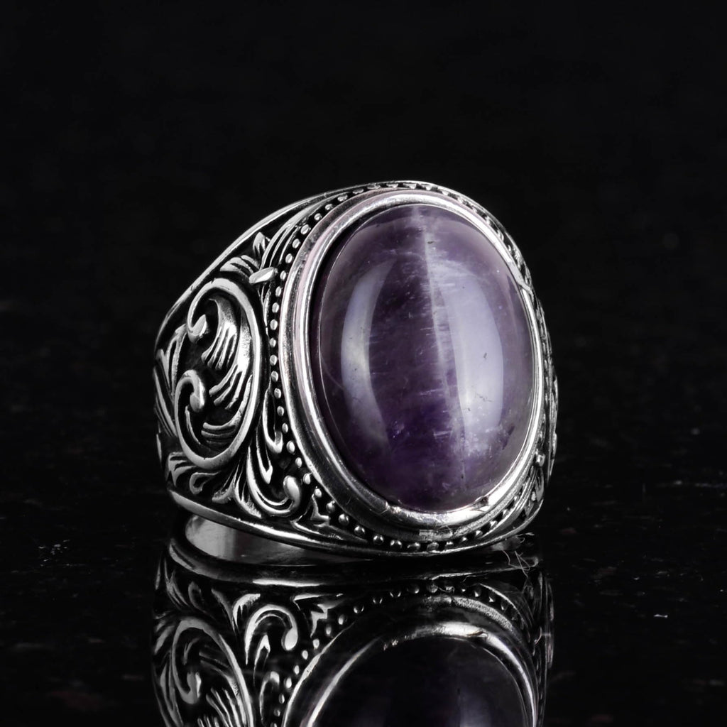 Handmade Natural Amethyst Gemstone Ring - 925 Sterling Silver Men's Ring — 6