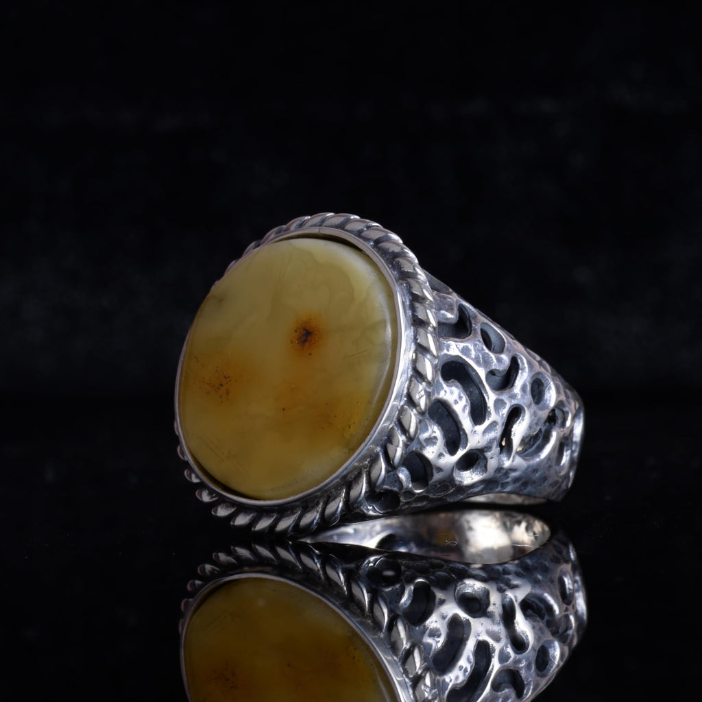 KAMBO Natural Amber Stone Men's Ring – 925 Sterling Silver Handmade Round Ring – Vintage Jewelry for Men (Amber-2) — 6