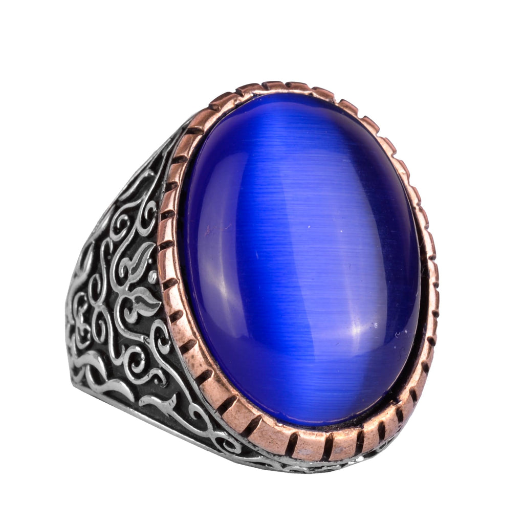 925 Sterling Silver Men's Ring - Big Ring (Dark Blue Cat Eye Stone)