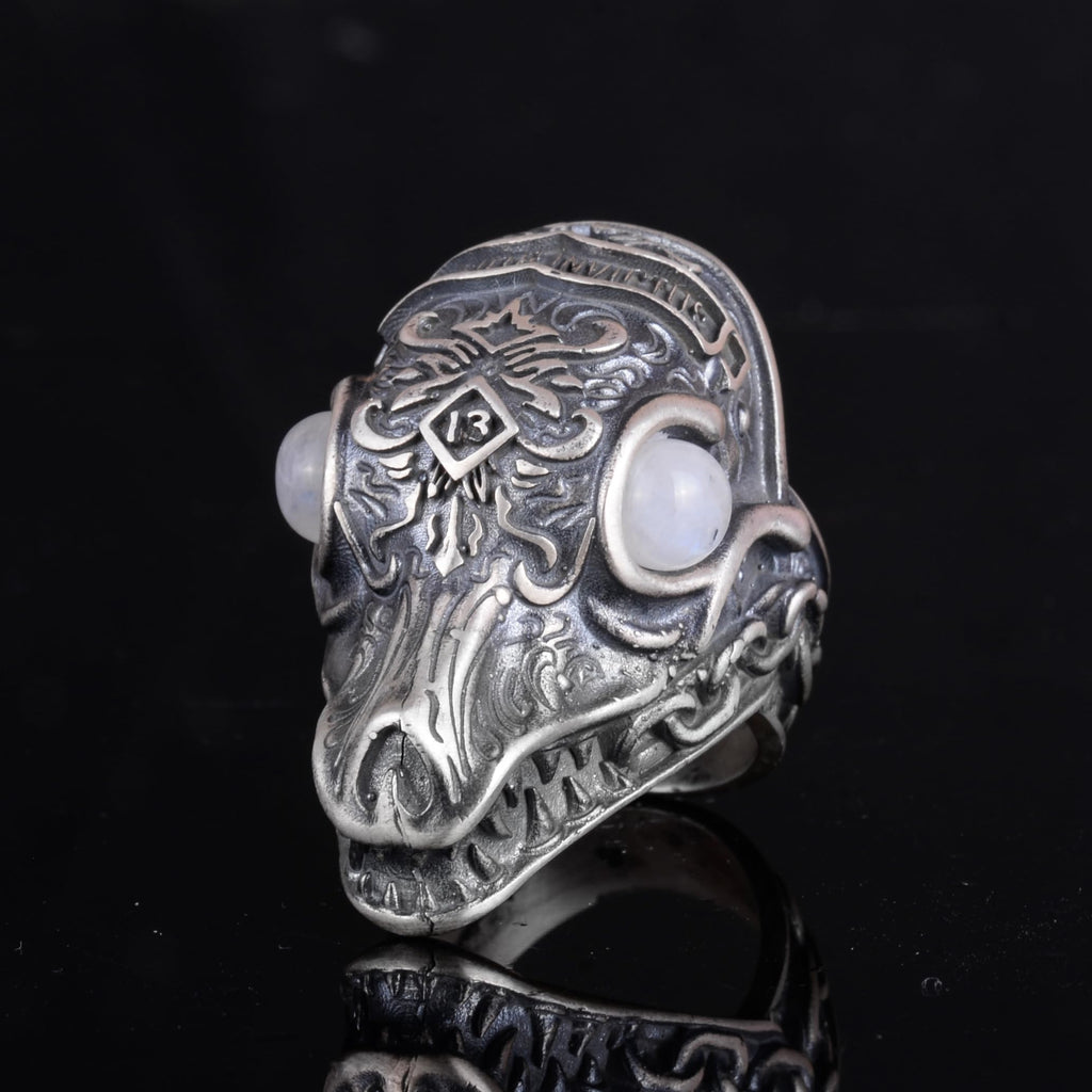KAMBO Natural Stone Dragon Large Ring - Men's 925 Sterling Silver Gothic Handmade Statement Jewelry (Moonstone) — 6