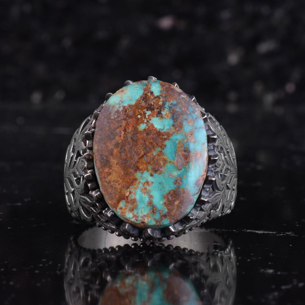 KAMBO Natural Turquoise Stone Men's Ring 925 Sterling Silver Oval Handmade Vintage Style Statement Ring (Turquoise-2) — 4
