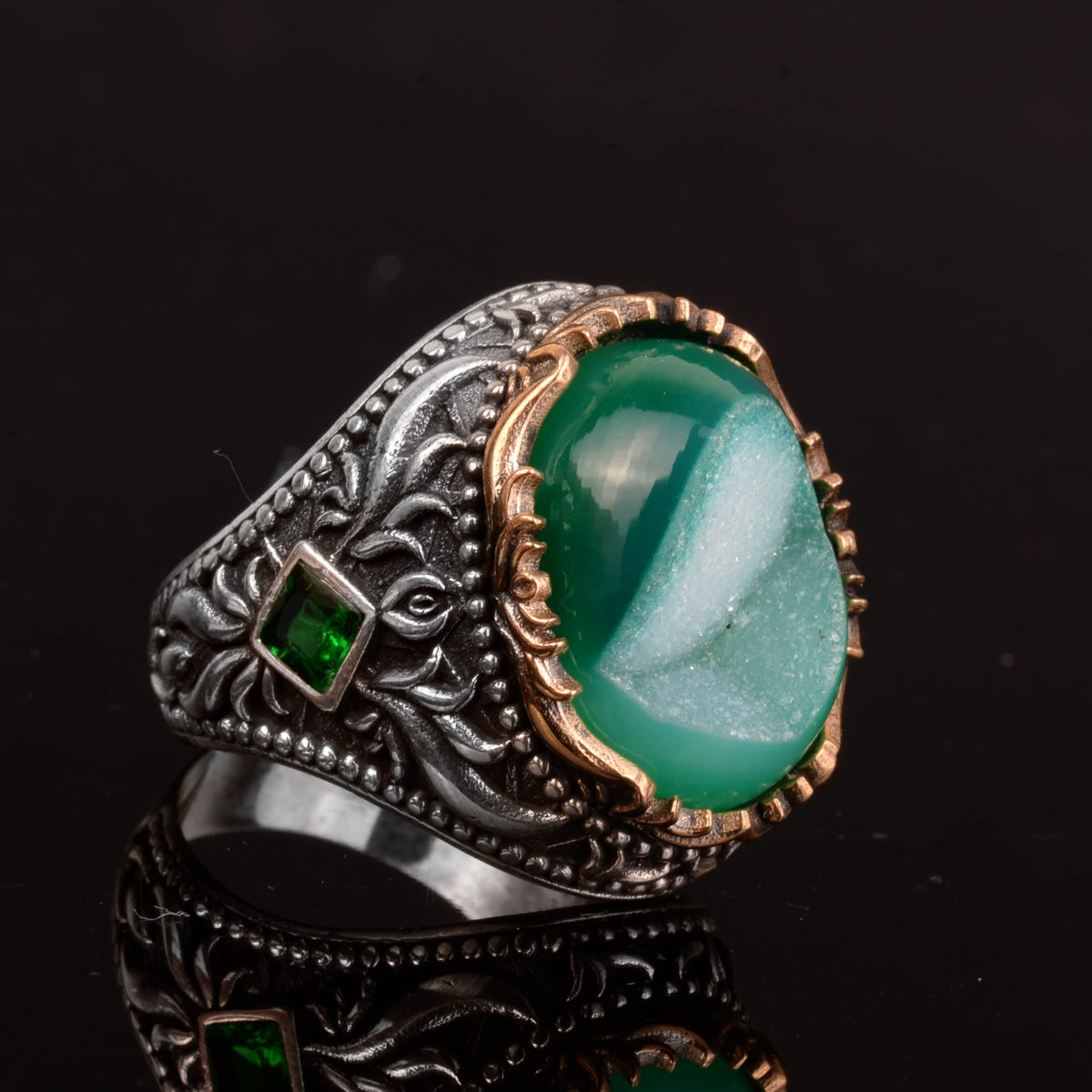 Vintage Men's 925 Sterling Silver Ring, Natural Druzy Quartz Stone — 3