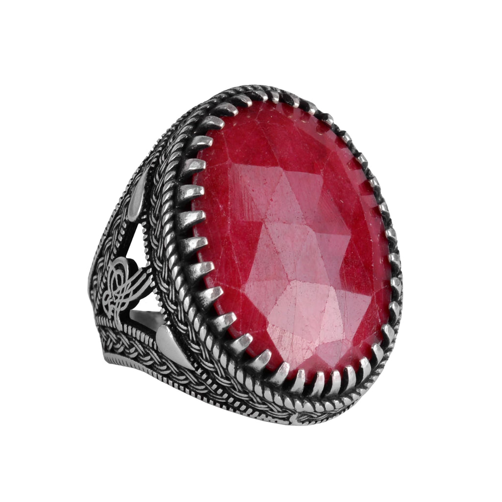Natural Ruby Stone Ring - Ottoman Tugra Pattern - 925 Sterling Silver Ring