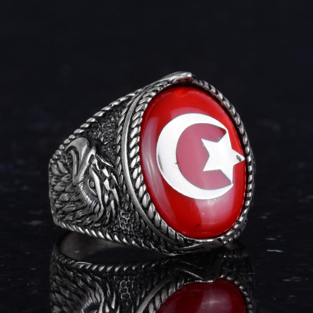 Men's Crescent and Star Eagle Ring - 925 Sterling Silver Ring - Crescent and Star Design - Turkish Crescent and Star Flag Eagle Design Ring (Red) — 5