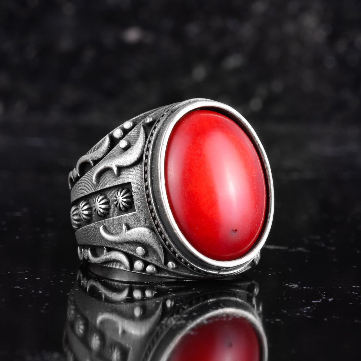 KAMBO Natural Red Coral Stone Men's Ring 925 Sterling Silver Oval Cabochon Ottoman Style Bronze Tone Handmade Ring — 6