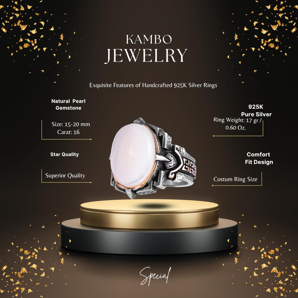KAMBO Natural Stone Ring 925 Sterling Silver – Handmade Men's Statement Ring Healing Jewelry (Pearl-2) — 2