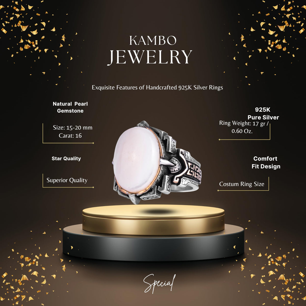 KAMBO Natural Stone Ring 925 Sterling Silver – Handmade Men's Statement Ring Healing Jewelry (Pearl-2) — 2